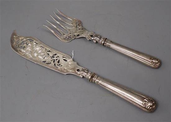 A pair of Victorian silver shell and thread pattern fish servers, Hilliard & Thomason, Birmingham, 1866, knife 33.5cm.